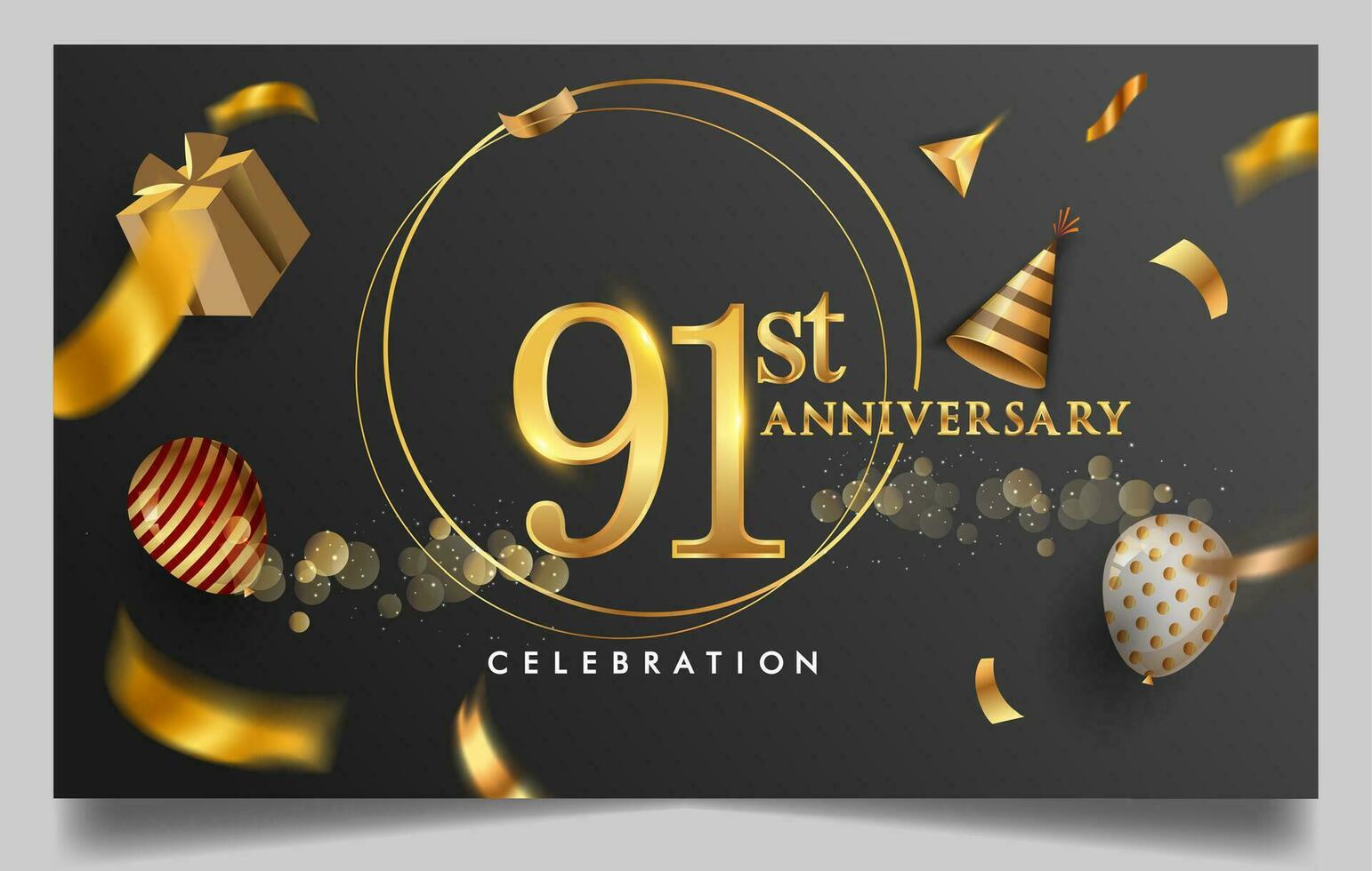 90 anos aniversário Projeto para cumprimento cartões e convite, com balão, confete e presente caixa, elegante Projeto com ouro e Sombrio cor, Projeto modelo para aniversário celebração. vetor