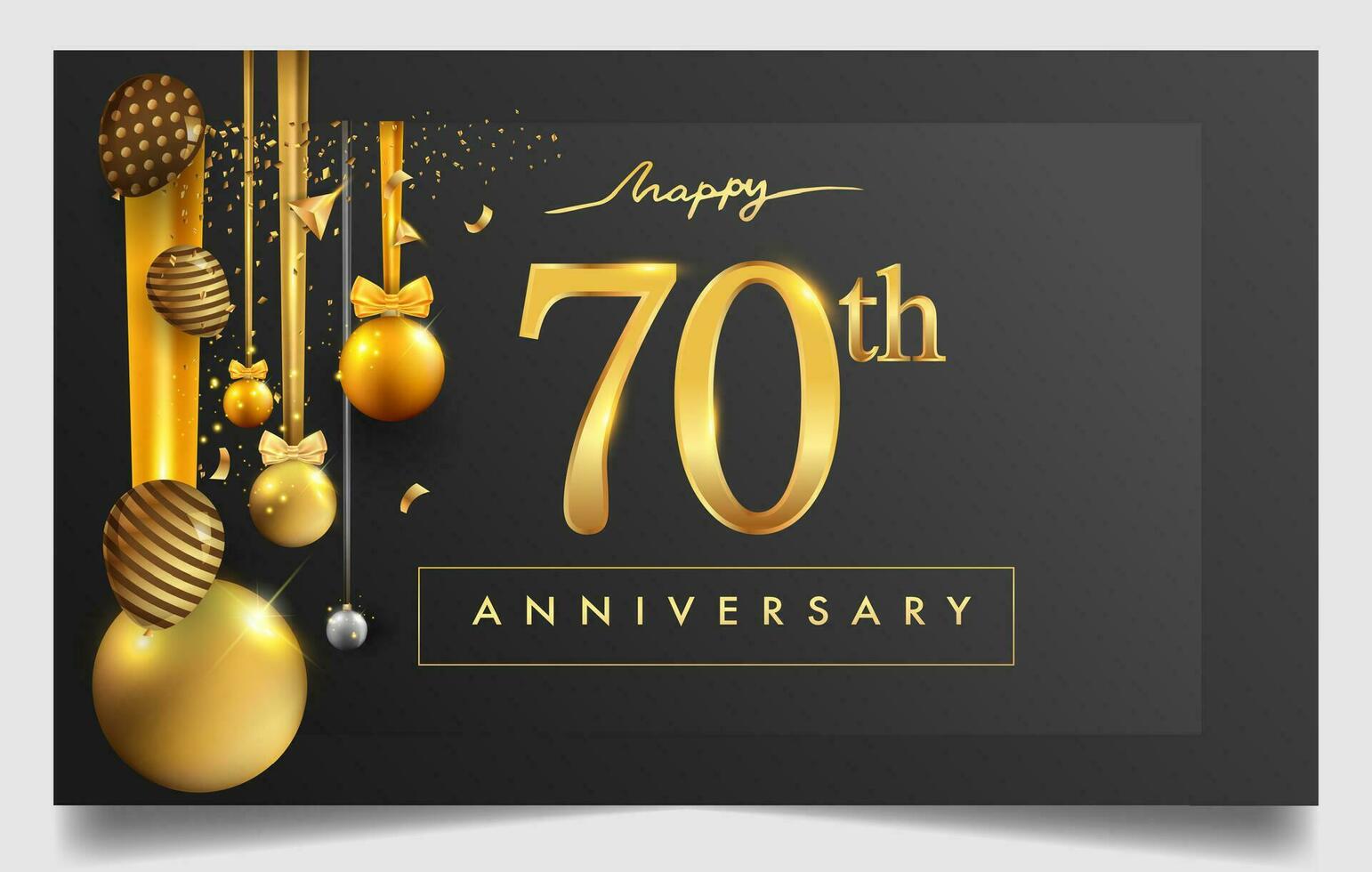70 anos aniversário Projeto para cumprimento cartões e convite, com balão, confete e presente caixa, elegante Projeto com ouro e Sombrio cor, Projeto modelo para aniversário celebração. vetor