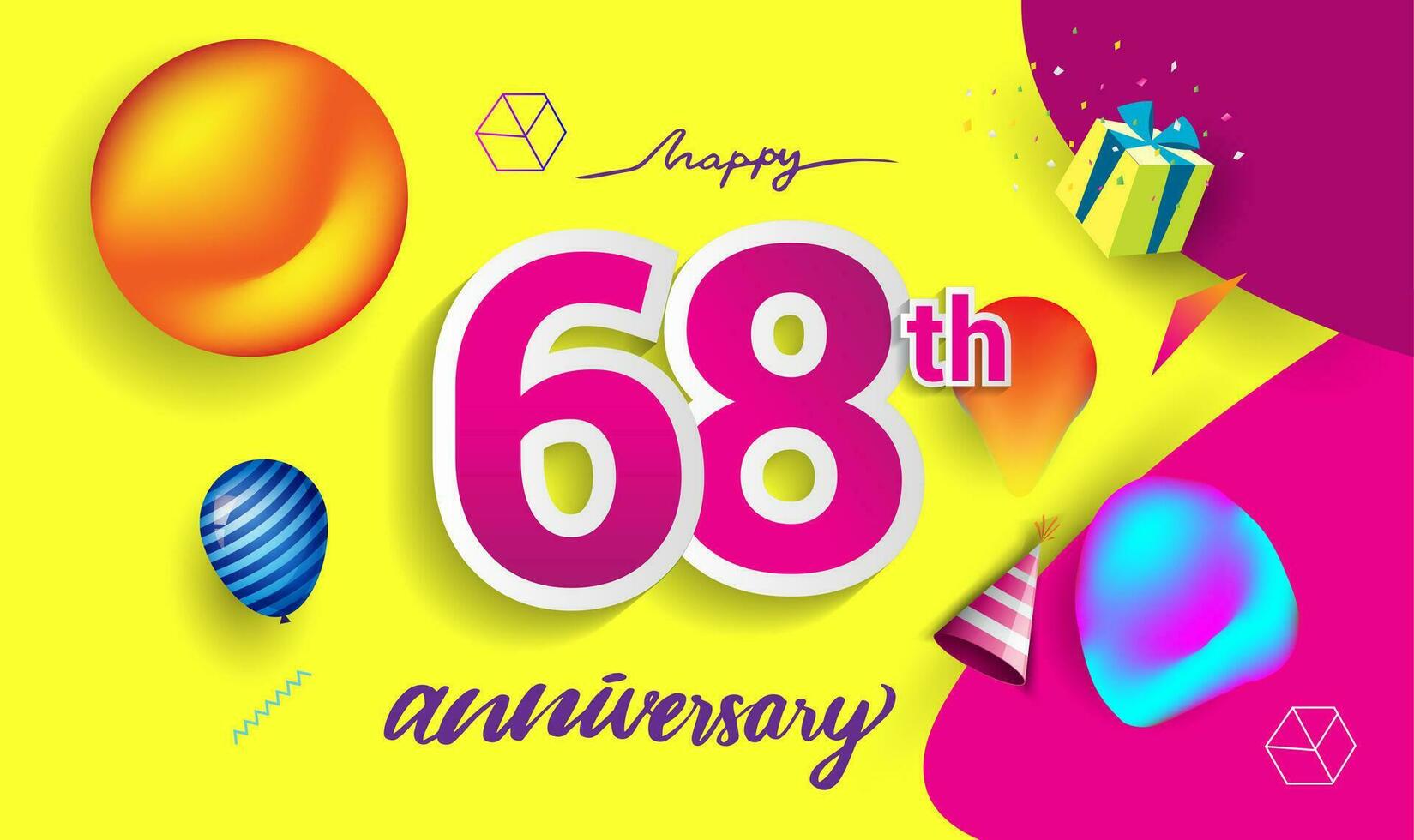 68º anos aniversário celebração projeto, com presente caixa e balões, fita, colorida vetor modelo elementos para seu aniversário a comemorar Festa.