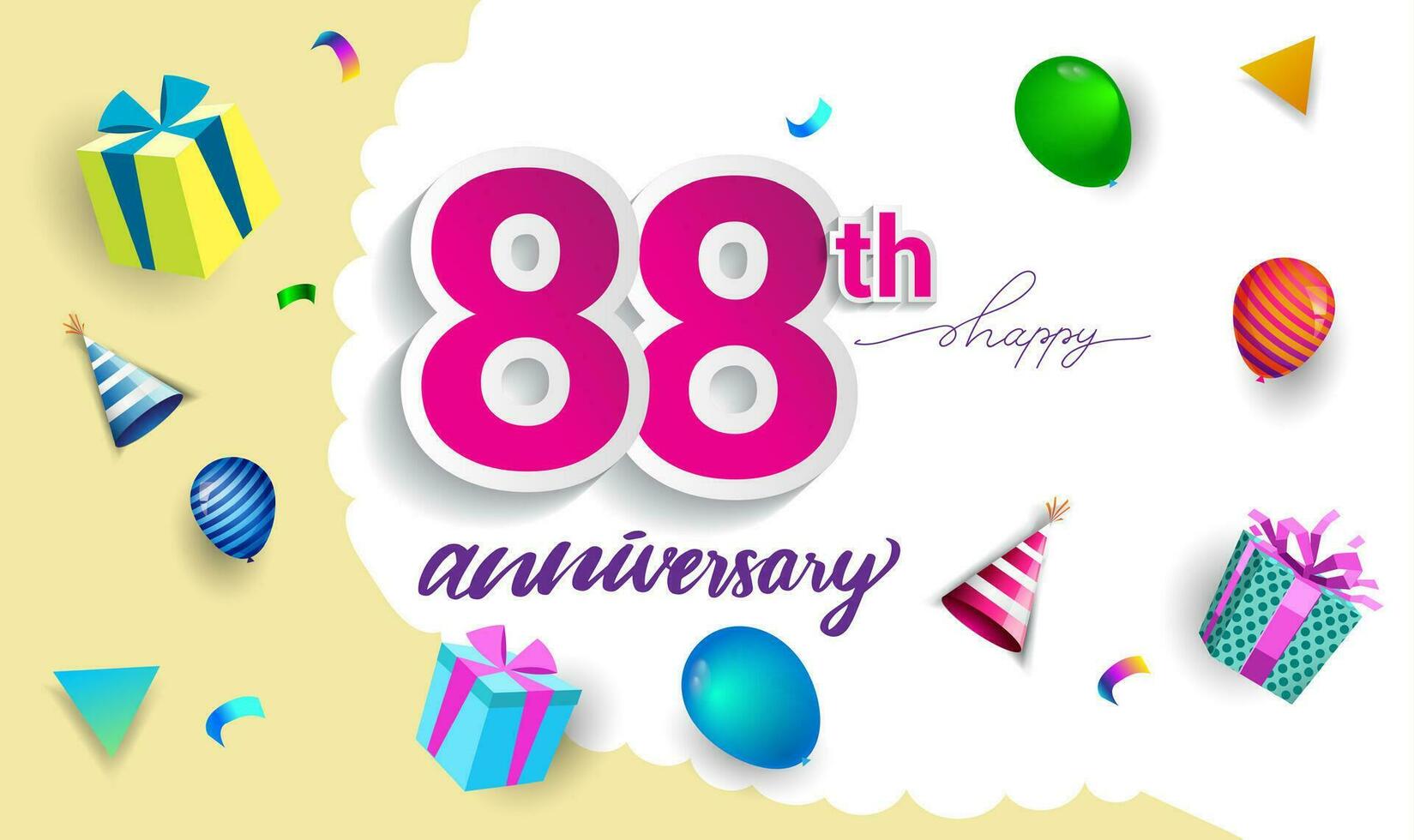 88º anos aniversário celebração projeto, com presente caixa e balões, fita, colorida vetor modelo elementos para seu aniversário a comemorar Festa.