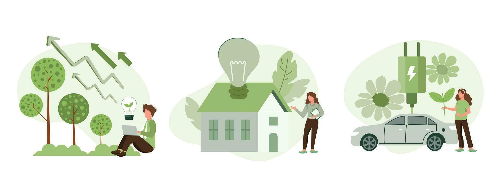 verde energia ilustração definir. personagens mostrando eco privado casa, elétrico carro e verde circular economia benefícios. renovável energia conceito. vetor ilustração.