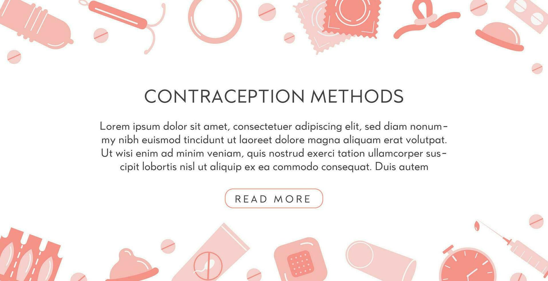 nascimento ao controle métodos horizontal bandeira modelo com Lugar, colocar para texto. contracepção colori plano ícones. vetor elementos para seguro sexo. fêmea e masculino contraceptivo Unid. plano estilo fundo.