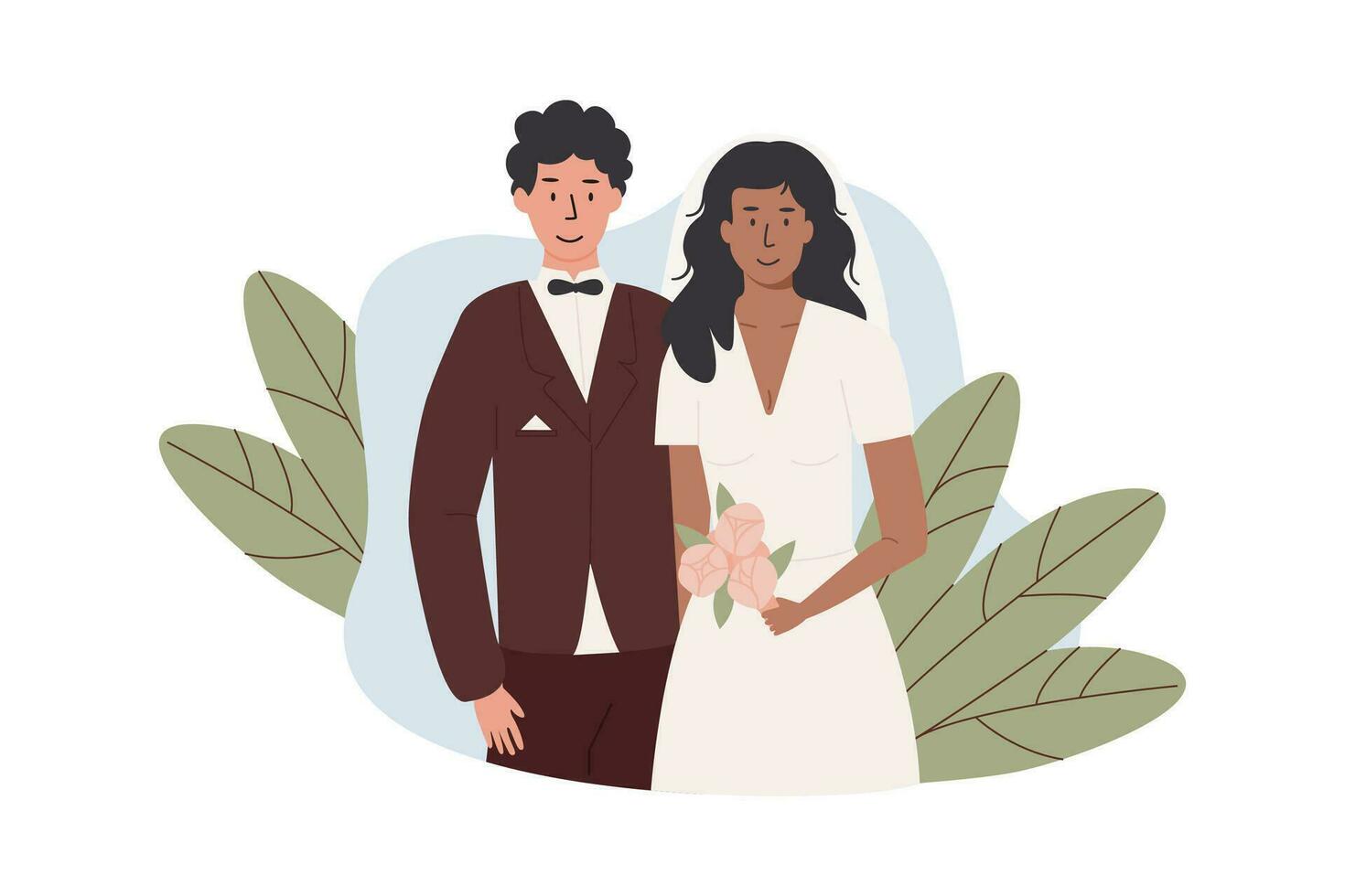 uma noivo e noiva segurando assinado casamento contrato. interracial casado casal com acordo pré-nupcial documento. recém-casado com pré nupcial acordo casamento certificado em tropical fundo. vetor ilustração