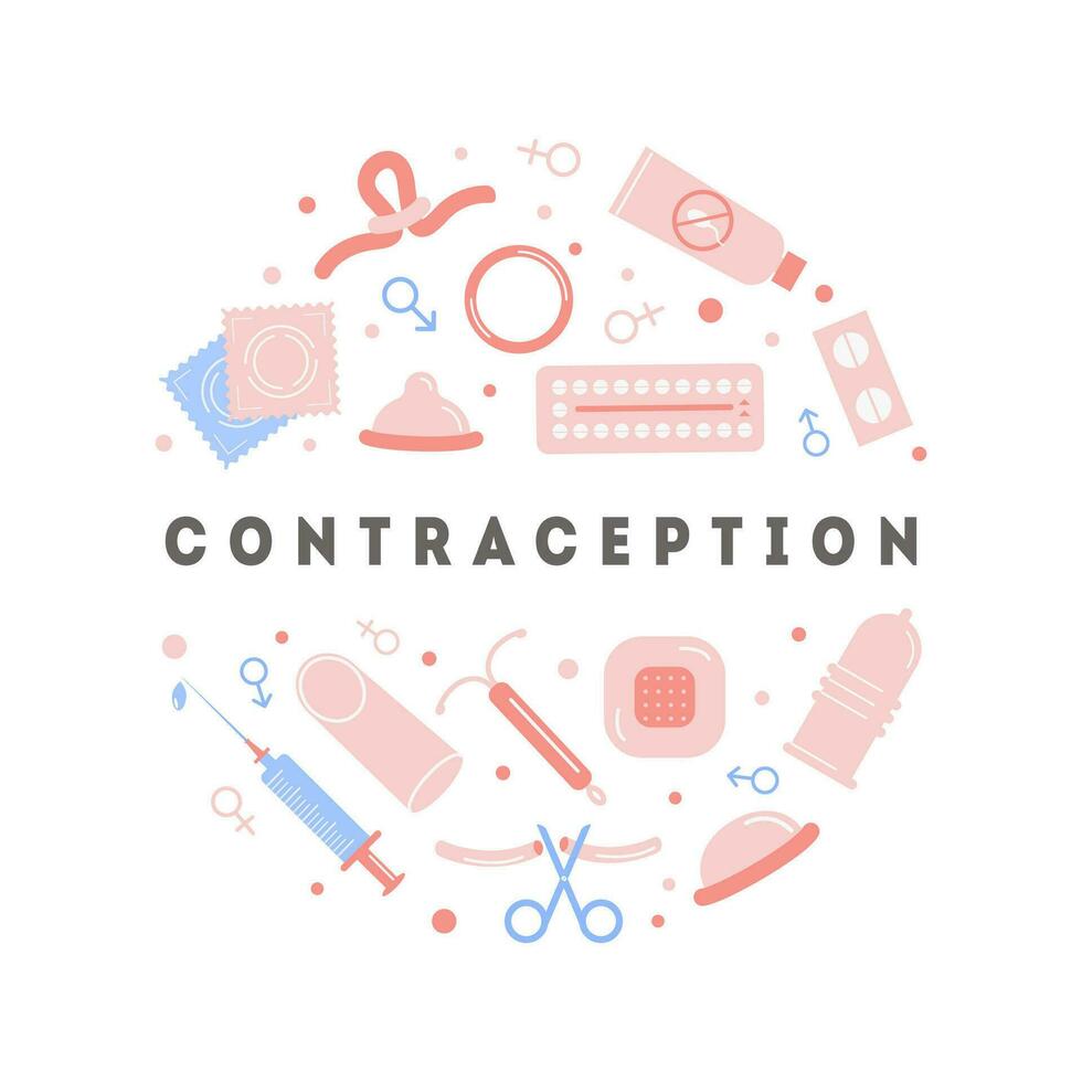 nascimento ao controle métodos bandeira ou cartão. contracepção colori plano ícones dentro círculo com rubrica. conjunto do vetor elementos para seguro sexo. fêmea e masculino contraceptivo Unid. vetor plano estilo ilustração.