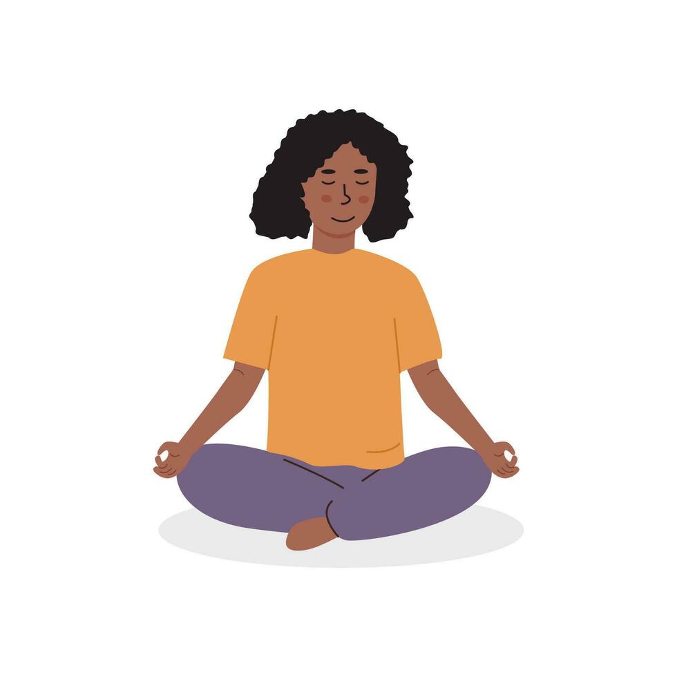 diverso crianças meditando. crianças fazendo ioga exercício. meditação lição dentro Jardim da infância conceito. conjunto do diferente raça jovem fêmea e masculino personagens sentado em chão calmamente. vetor ilustração.