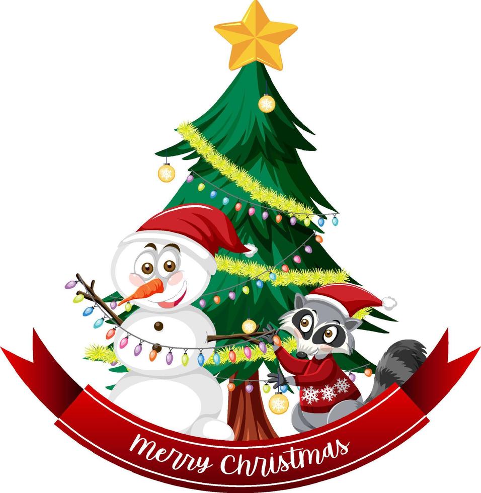 banner de texto de feliz natal com boneco de neve e árvore de natal vetor