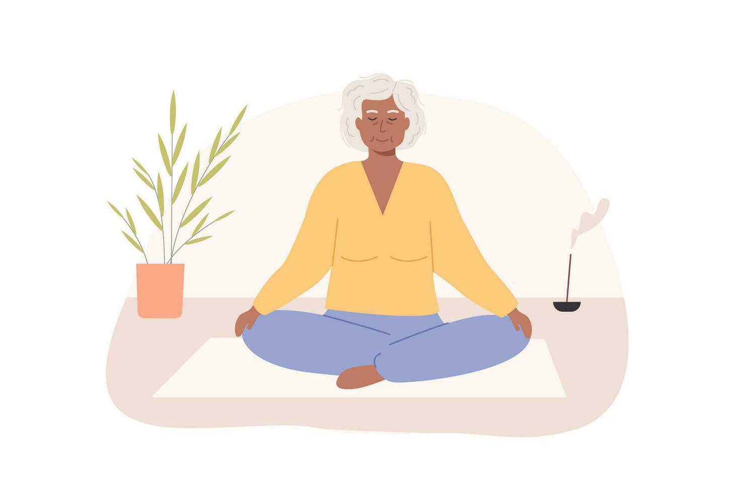 moderno idosos fêmea com cruzado pernas e fechadas olhos meditando às lar. Senior velho era mulher sentado de pernas cruzadas e praticando ioga. meditação, abdominal respiração espiritual prática. vetor. vetor