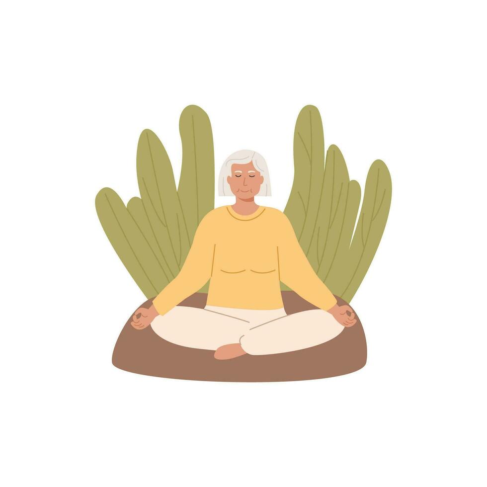 Senior fêmea masculino pessoa sentado ao ar livre às parque e praticando ioga. moderno idosos mulher homem com cruzado pernas fechadas olhos meditando em natureza. meditação, abdominal respiração espiritual prática. vetor