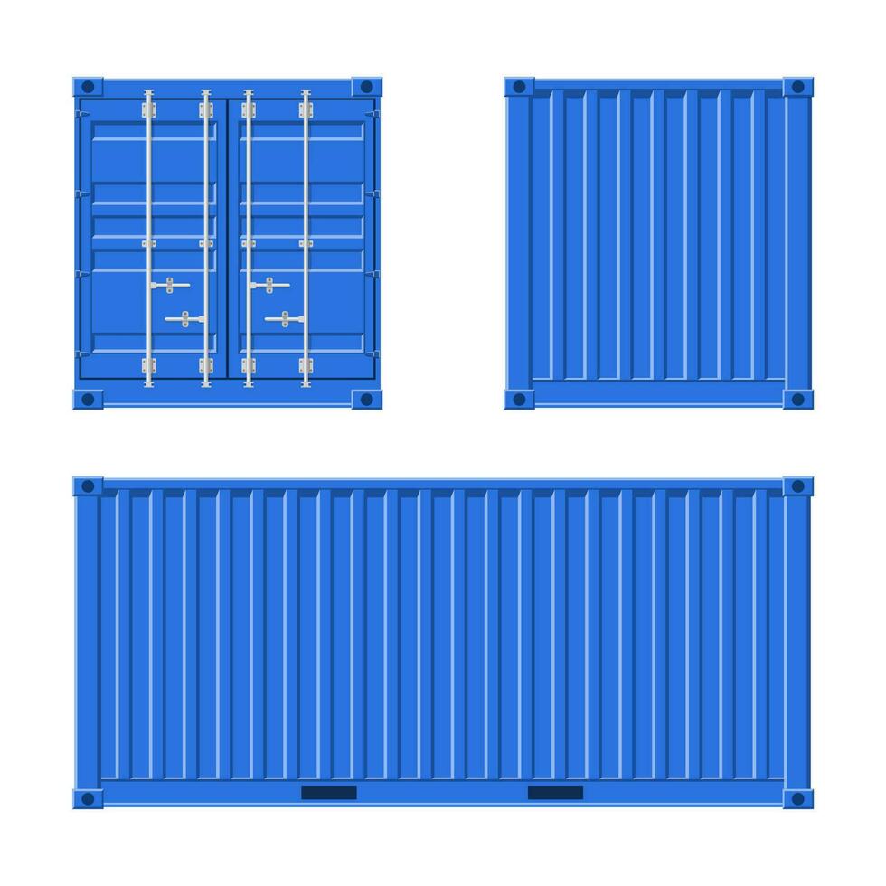 azul carga recipiente para Remessa e mar exportação isolado em branco fundo. frente, costas e lado visualizar. logística e transporte vetor ilustração