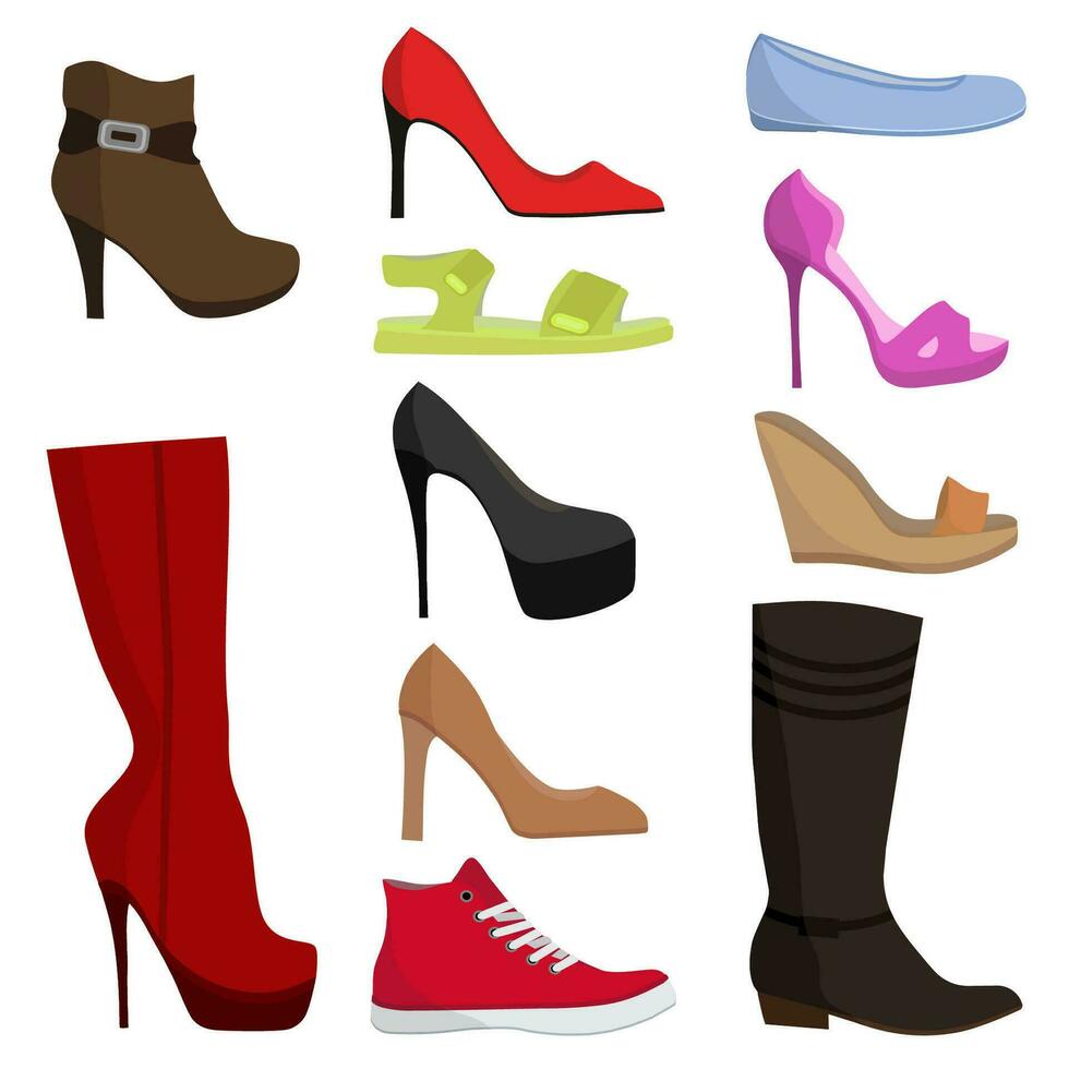conjunto do colorida sapatos e chuteiras para mulheres isolado em branco fundo. coleção para lojas e moda desenho animado estilo balés, tênis, botas, apartamentos. vetor ilustração