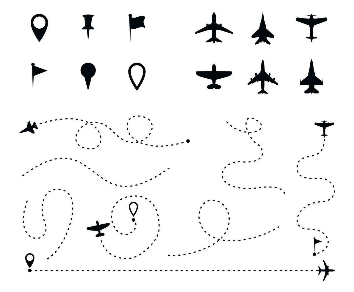 avião rota definir, tracejadas linha vestígio e avião rotas isolado em branco. avião linha caminho, aeronaves e alfinetes símbolos. avião direcional caminho, mapa pontilhado trilha e mosca direção. vetor