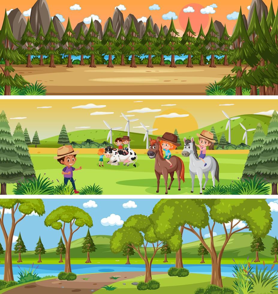 panorama de paisagem ao ar livre com personagem de desenho animado vetor