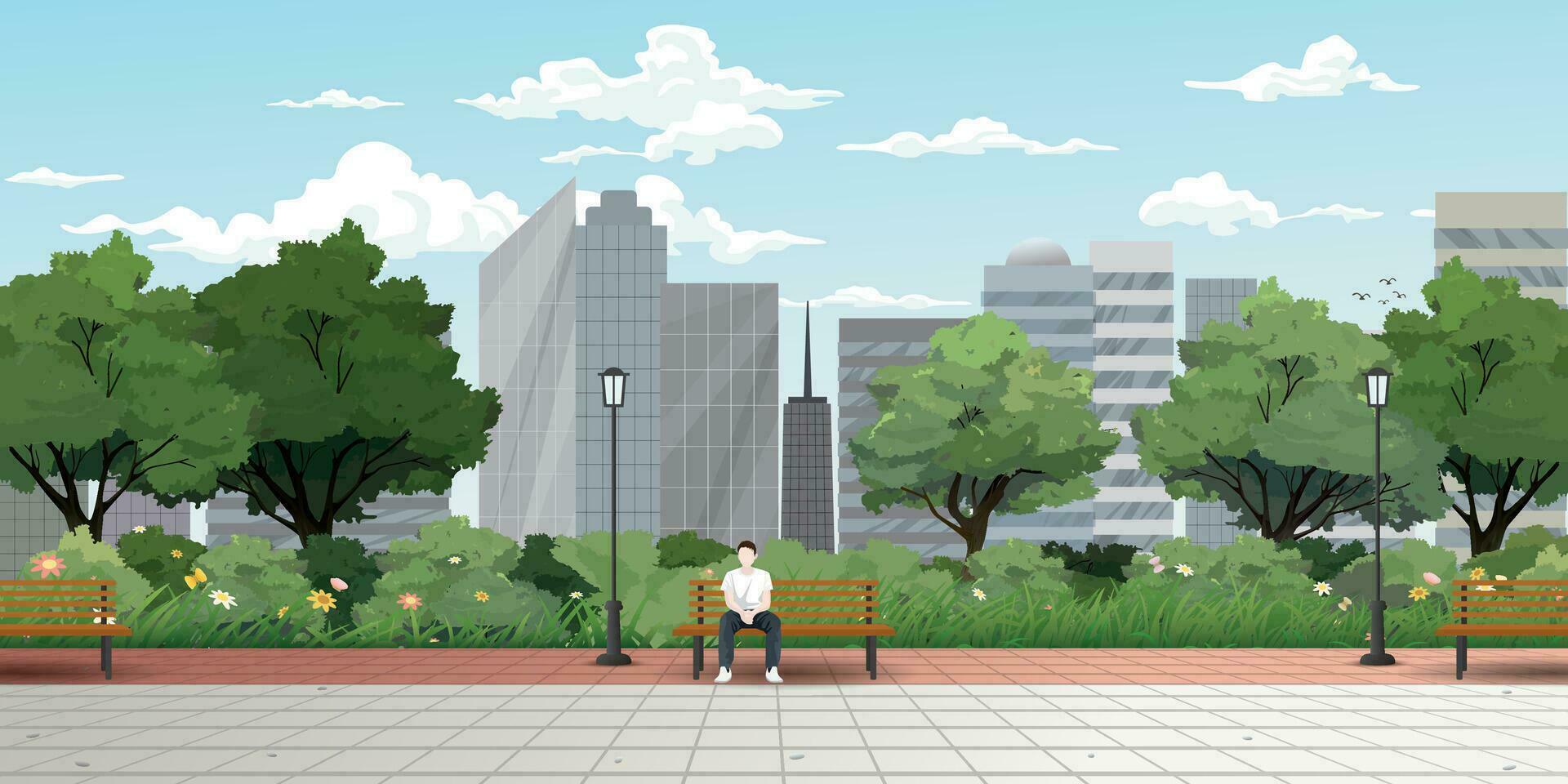 homem sentado em a Banco dentro público parque ter arranha-céu, nuvens e azul céu atrás vetor ilustração.