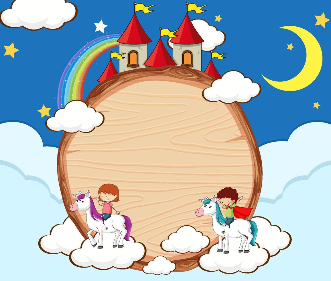 banner em branco no céu noturno com personagens e elementos de desenhos animados de contos de fadas vetor