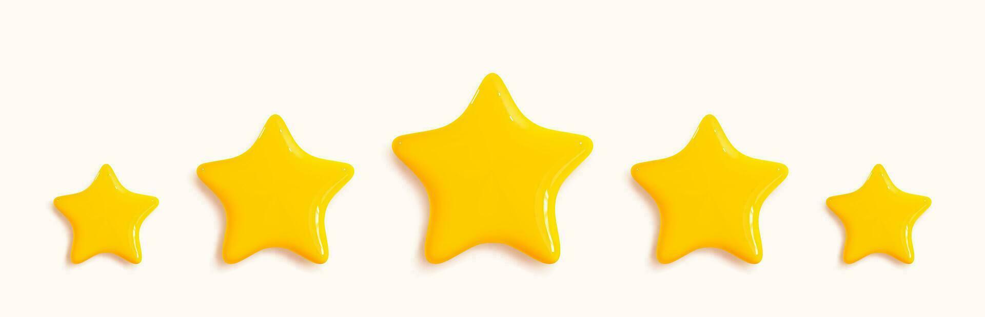 cinco lustroso dourado 3d estrelas realista estilo. símbolo ícone Projeto para jogo, avaliação, interface do usuário, opinião, local na rede Internet. amarelo plástico estrelas isolado em branco fundo. vetor ilustração