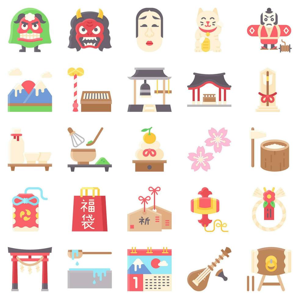 japonês Novo ano relacionado plano ícone conjunto vetor