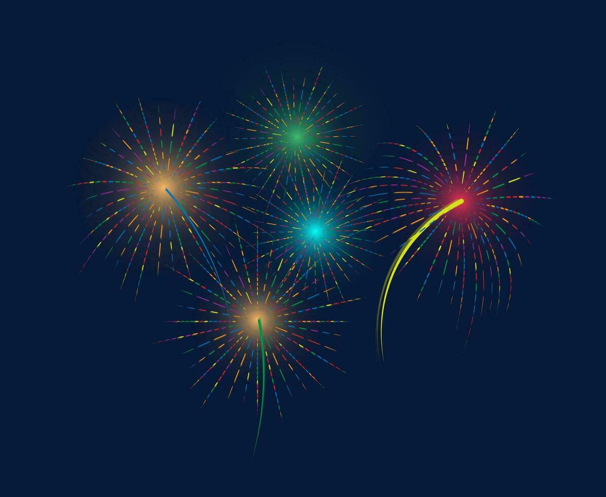 explodindo festivo fogos de artifício. multicolorido fogos de artifício em uma azul fundo. colorida plano vetor ilustração