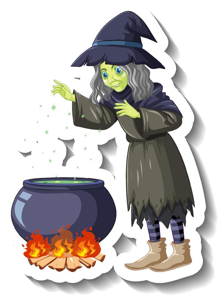 Adesivo de personagem de desenho animado de bruxa velha fazendo poção vetor