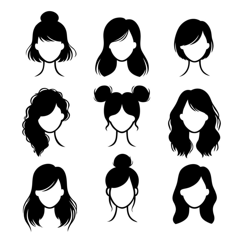 fêmea moda Penteado definir. mulher cabeça com cortes de cabelo, rabo de cavalo e pão. diferente vários penteados ícone. vetor ilustração