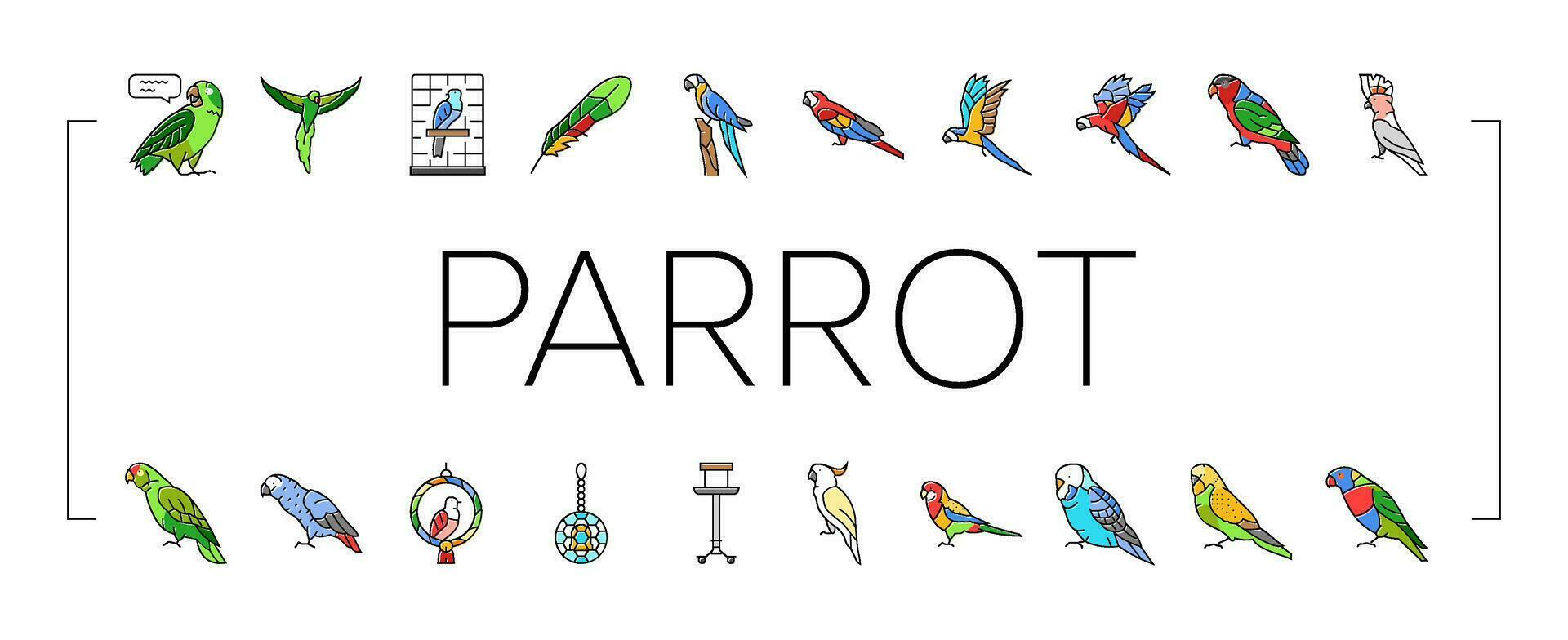 papagaio pássaro azul animal tropical ícones conjunto vetor