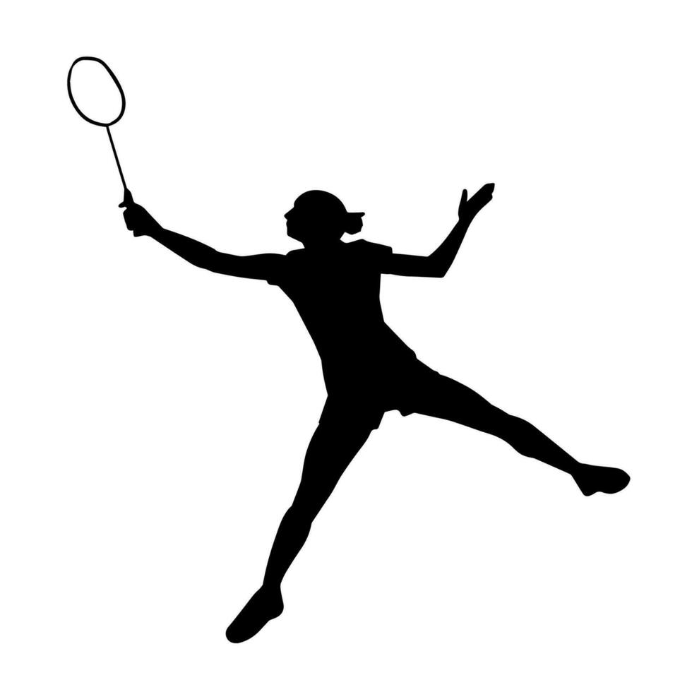 silhueta do fêmea badminton atleta dentro açao pose. silhueta do uma fino mulher jogando badminton esporte. vetor