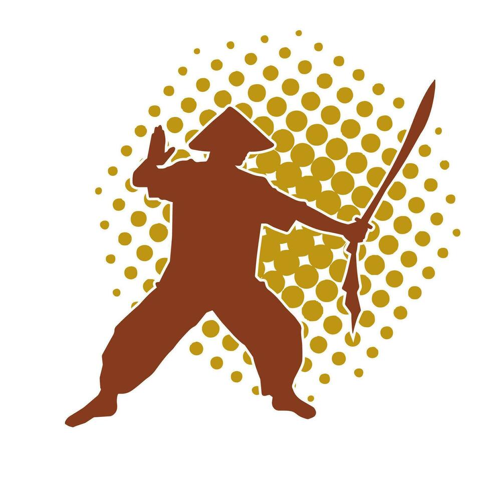 silhueta do uma kungfu ou wushu marcial arte atleta dentro açao pose. silhueta do uma masculino marcial arte pessoa dentro pose com espadas arma. vetor