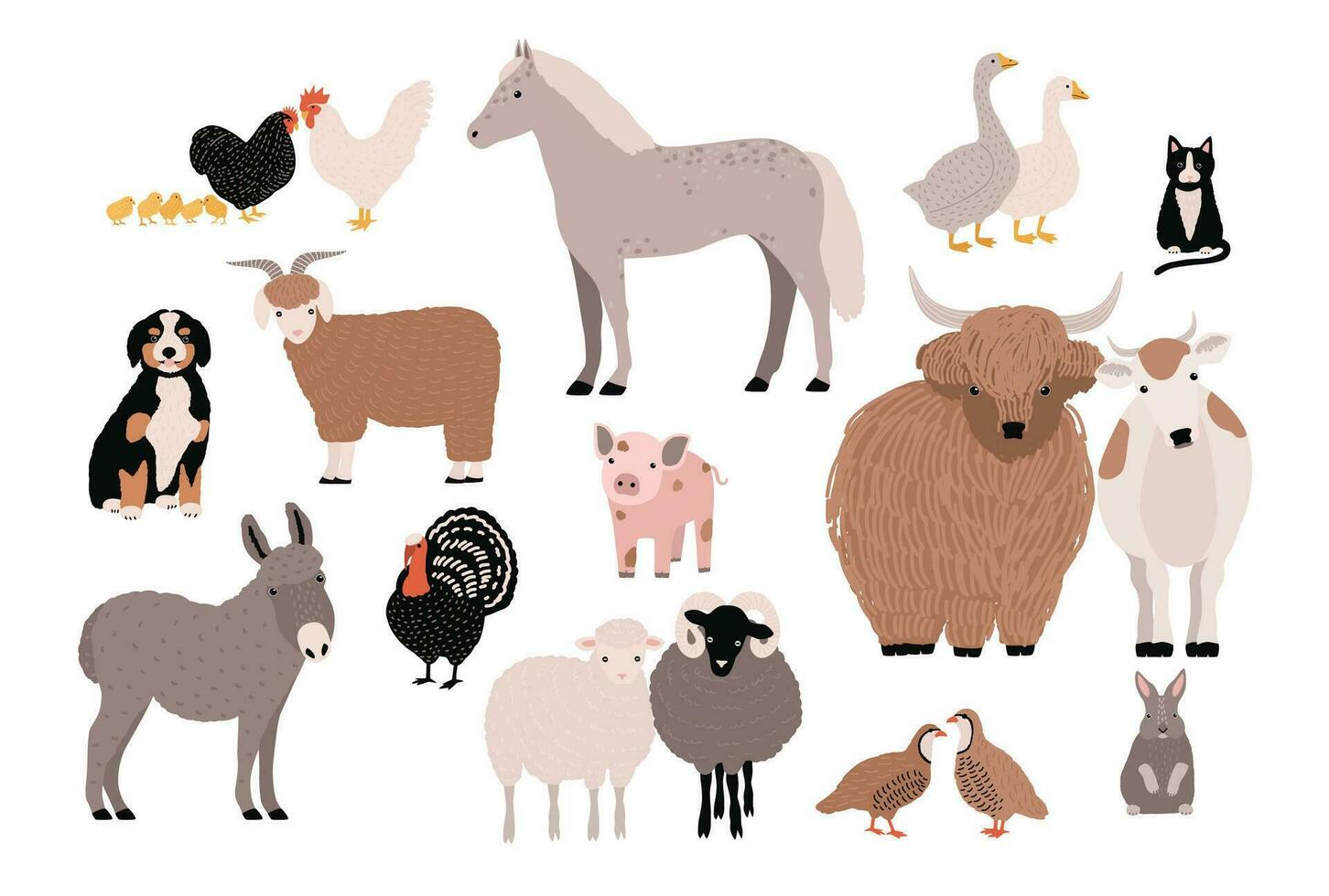 Fazenda animais de estimação colorida coleção. fofa doméstico animais definir. mão desenhado vetor ilustração em branco fundo.