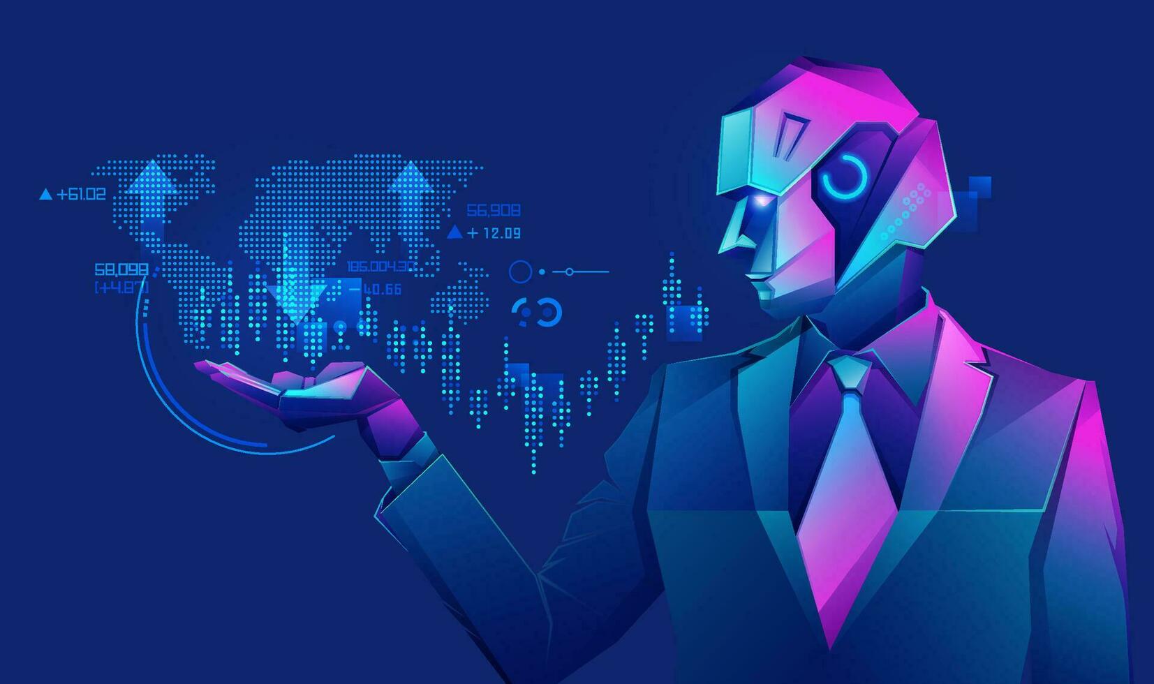 conceito do robô negociação tecnologia, gráfico do robô homem de negocios usando fintech interface apresentado dentro cyberpunk personagem estilo vetor