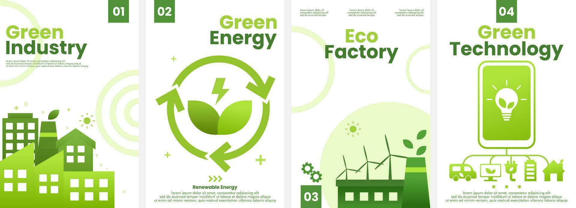 verde indústria energia tecnologia fundo. conjunto do 4 moderno simples fundo vetor ilustração plano estilo. adequado para poster, cobrir, Publicidades, social bandeira, ou folheto