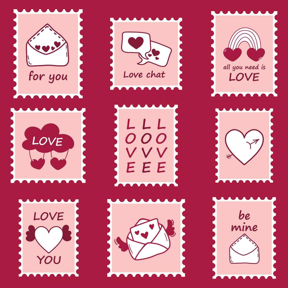 selos e cartões postais para amantes para cartas, saudações e presentes. Rosa fofa selos com corações, cartas e a palavra amor para casais vetor