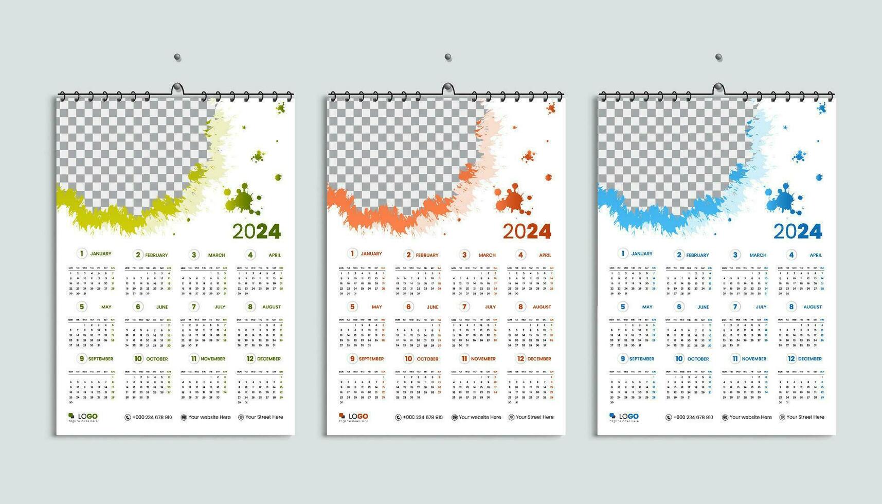 vegetal restaurante 2024 calendário Projeto modelo verde laranja azul cor conceito conjunto vetor