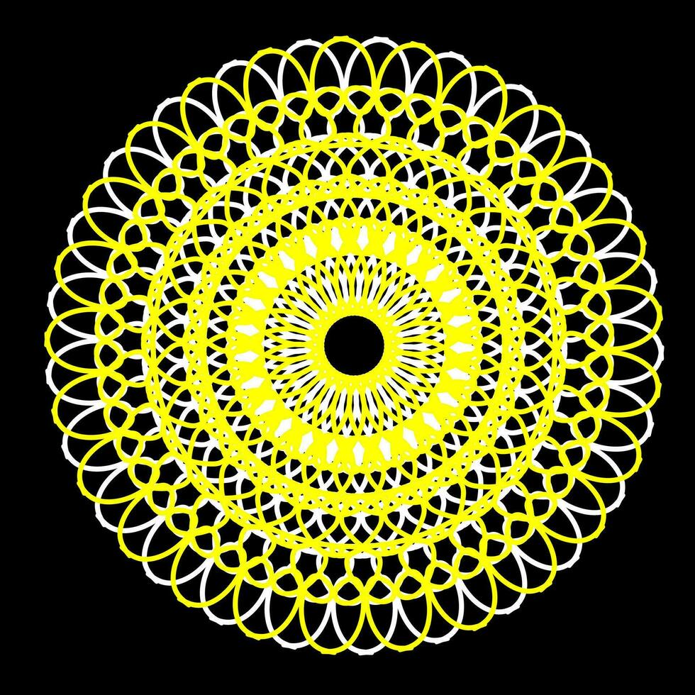 original vetor padronizar dentro a Formato do uma mandala do amarelo e branco flores localizado dentro uma círculo em uma Preto fundo
