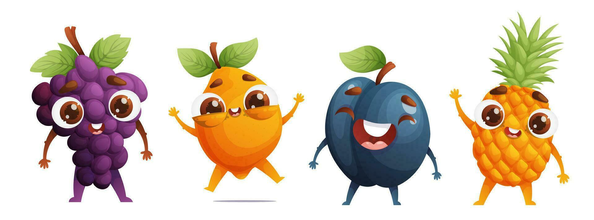 conjunto do quatro fofa fruta personagens. pequeno feliz uvas, limão, ameixa e abacaxi. dinâmico poses, colorida detalhado desenho animado estilo vetor. vetor