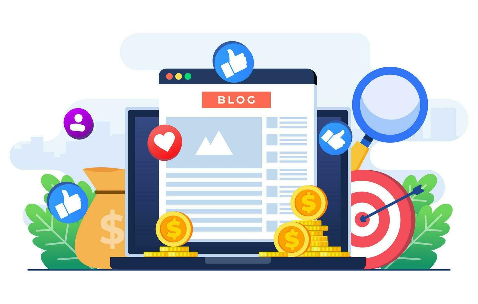 blog monetização conceito plano ilustração vetor modelo, fazer dinheiro on-line, local na rede Internet monetização, analisando blog conteúdo e gerando renda com de Anúncios canais e patrocinador parcerias