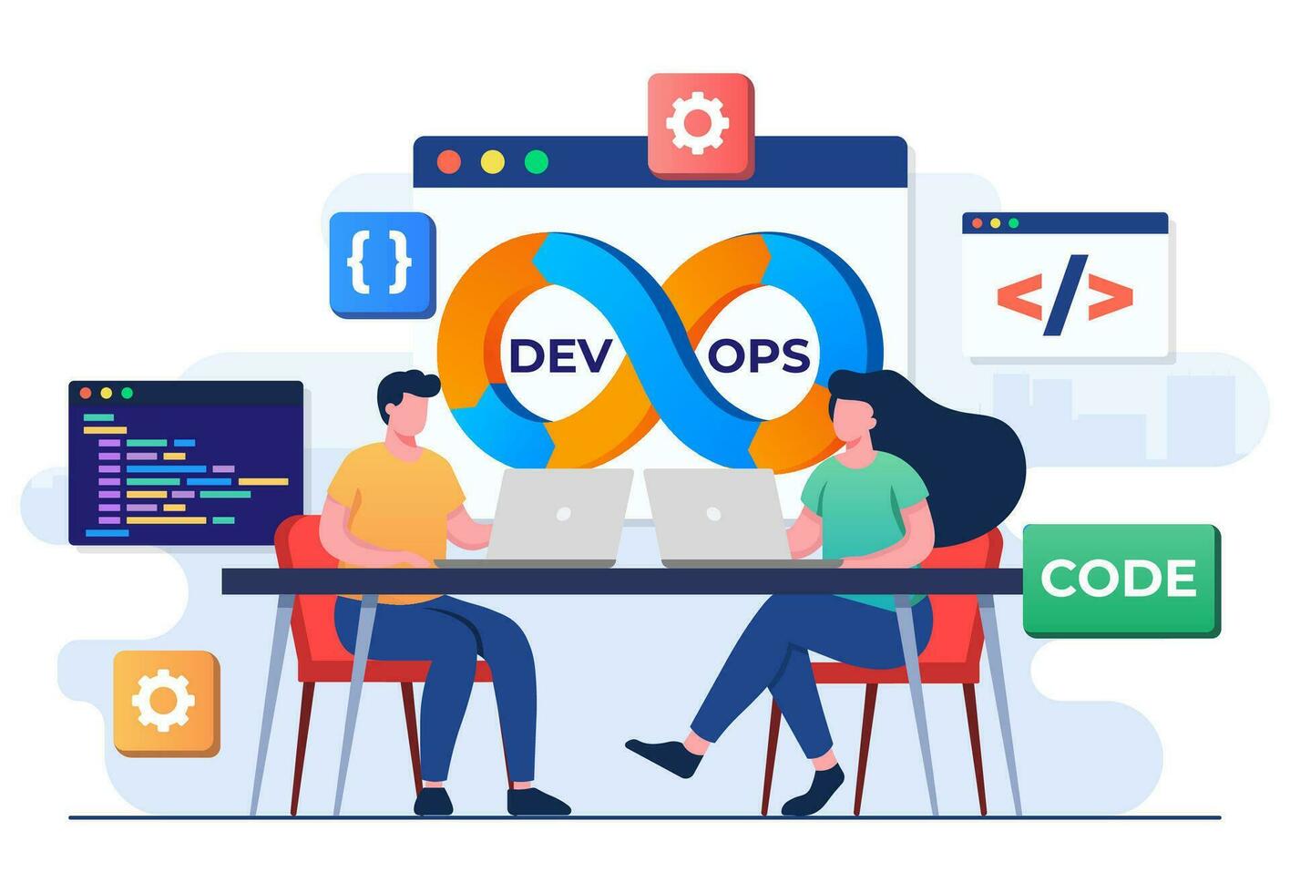 programadores prática do desenvolvimento e Programas operações, devops metodologia, técnico apoiar, automação processo, Programas desenvolvimento e isto operações conceito plano ilustração vetor modelo