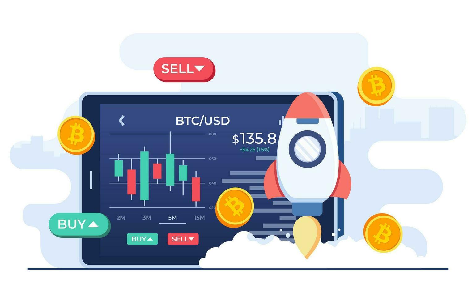 bitcoin ascendente, criptomoeda negociação e crescendo conceito plano ilustração vetor modelo, estoque intercâmbio, investimento, digital rede dinheiro, castiçal gráfico, lucro a partir de moeda troca Serviços