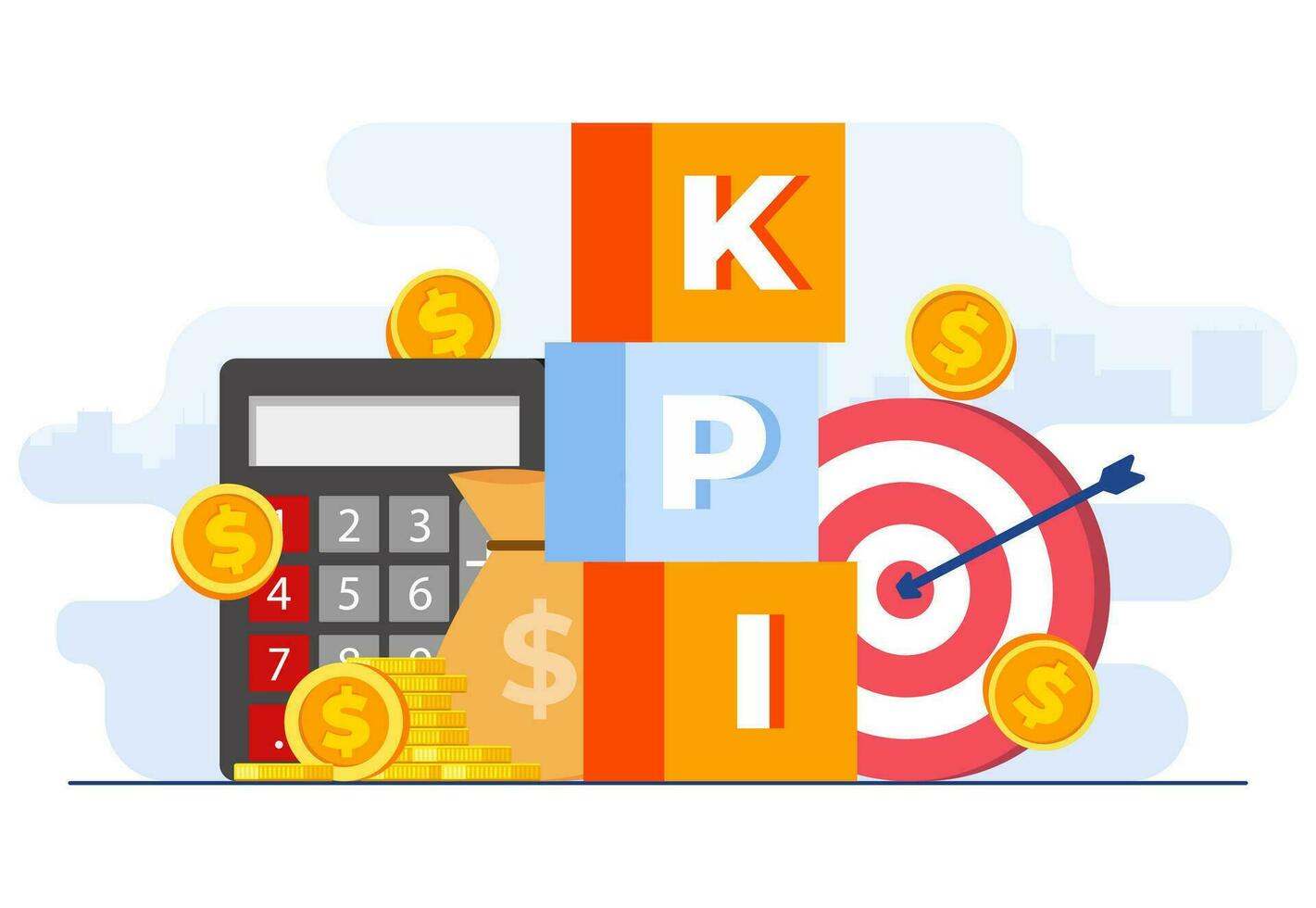 kpi, chave desempenho indicadores o negócio técnico conceito plano vetor ilustração, desempenho avaliação e dinâmica em painel, estratégia, dados relatório, eficiente fluxo de trabalho, o negócio inteligência