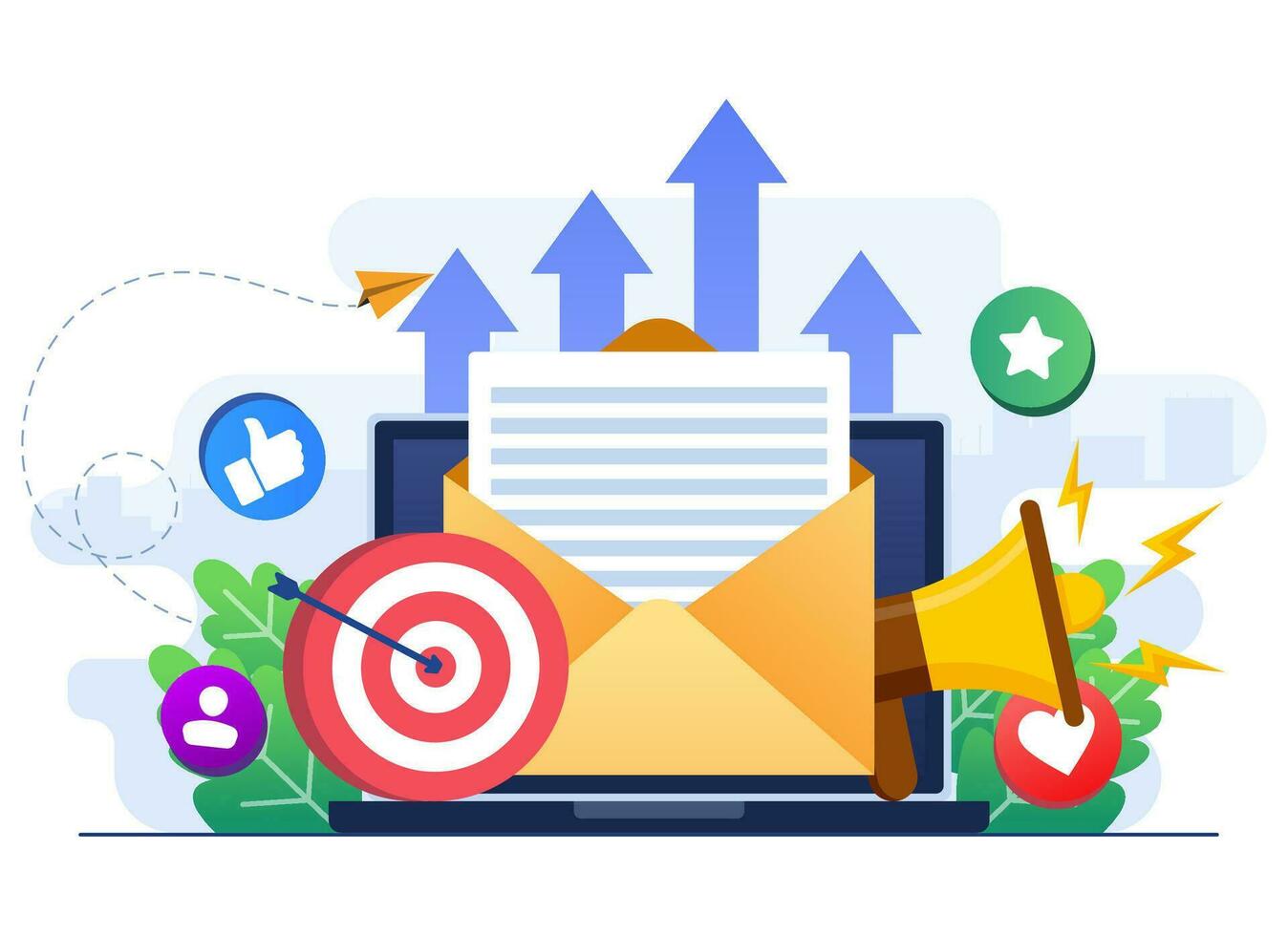 o email marketing plano ilustração vetor conceito, conectados o negócio estratégia, anúncio, o email Boletim de Notícias, Mensagens, marketing material conceito para aterrissagem página, rede bandeira, social meios de comunicação, infográfico