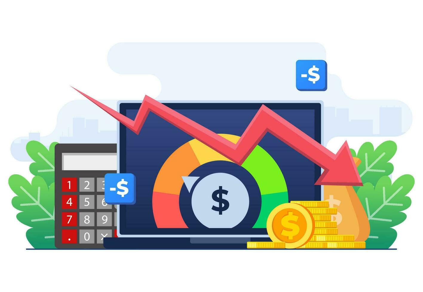 financeiro crise, econômico recessão, mercado colidir, falência, companhia falha, dívida, perda do dinheiro receita plano ilustração vetor modelo