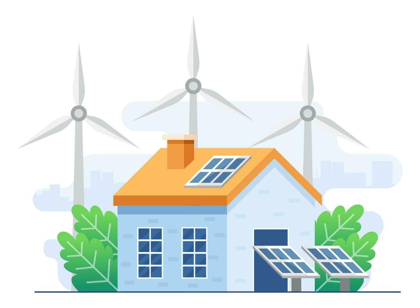 verde energia conceito plano ilustração vetor modelo, panorama com moderno casa, solar painéis e vento turbinas, energia eficaz casa, renovável energia, ecologia, alternativo energia, eco casa