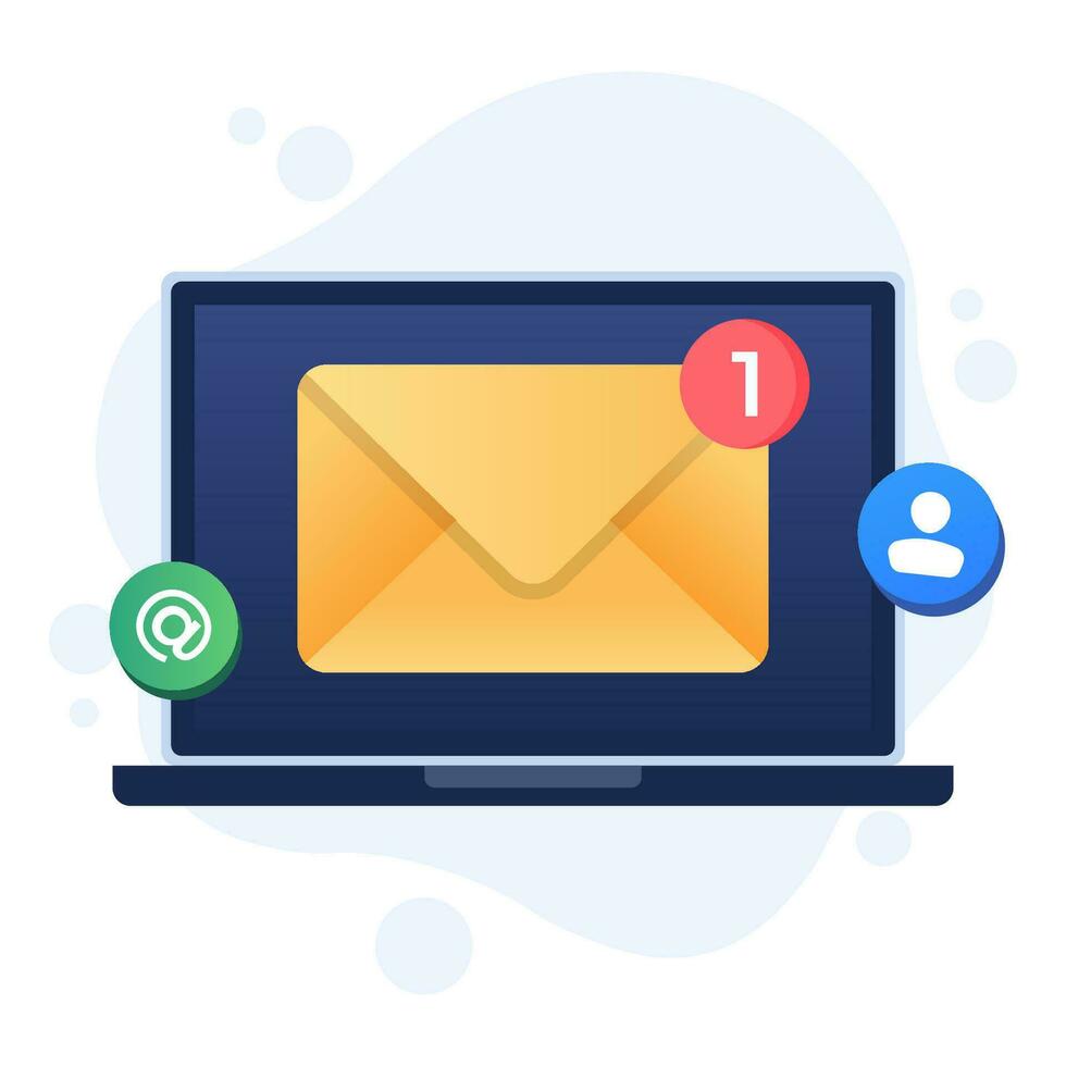 Novo o email notificação em computador portátil computador exibição tela plano vetor ilustração, direto digital marketing, Não lida mensagem lembrete, o email marketing conceito para rede bandeira, aterrissagem página, infográfico