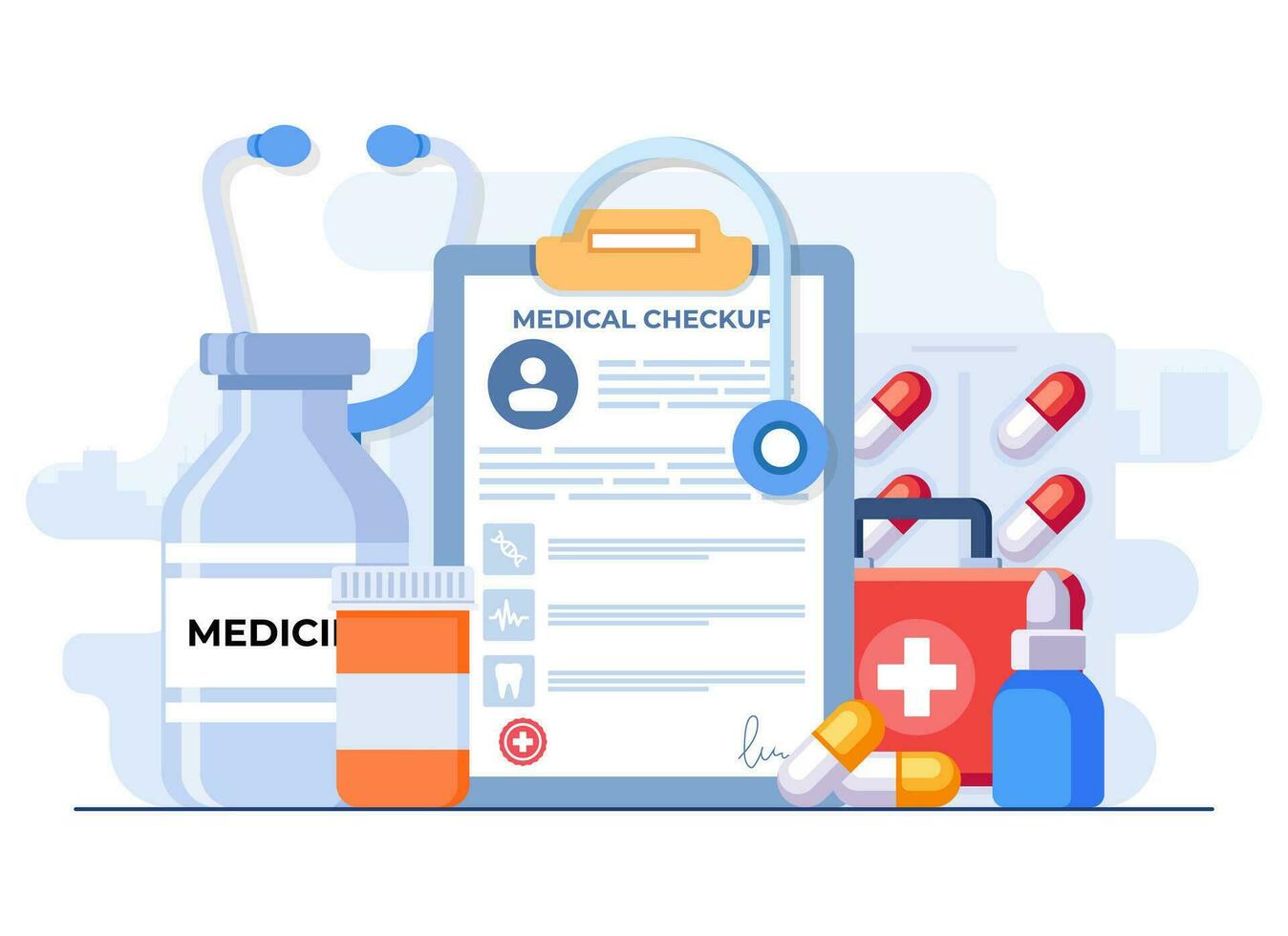 médico checar conceito plano ilustração vetor modelo, cuidados de saúde checar, hospital clínico teste resultado papel, paciente prescrição dados registro Informação, diagnóstico lista de controle serviço