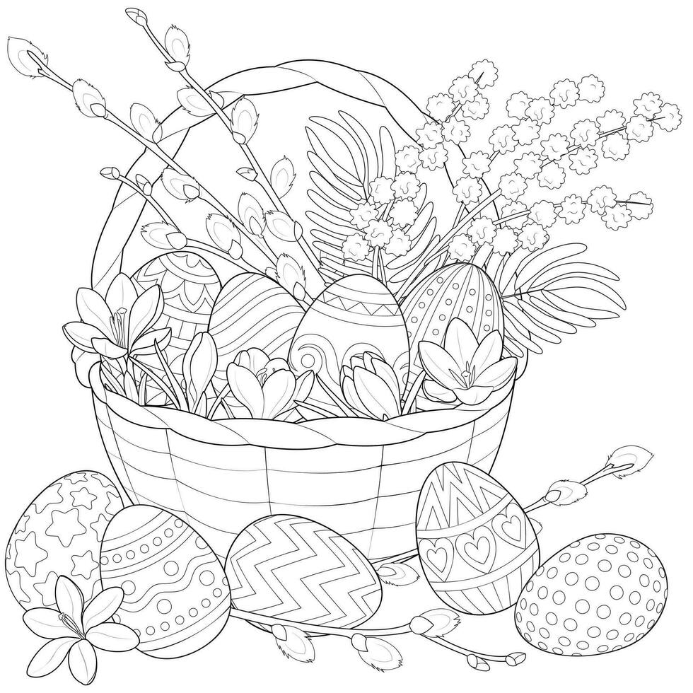 Páscoa cesta com ovos e flores vetor
