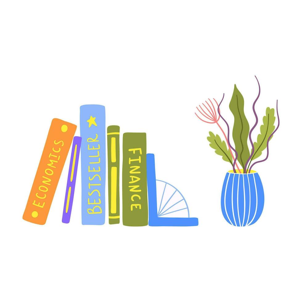 desenho animado cor vaso com diferente flores e pilha livros e tutoriais. vetor