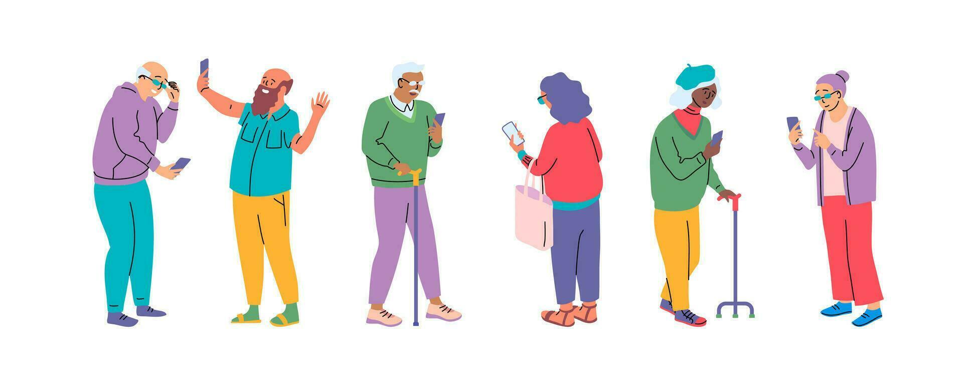 desenho animado cor personagens pessoas idosos usando smartphones conceito. vetor