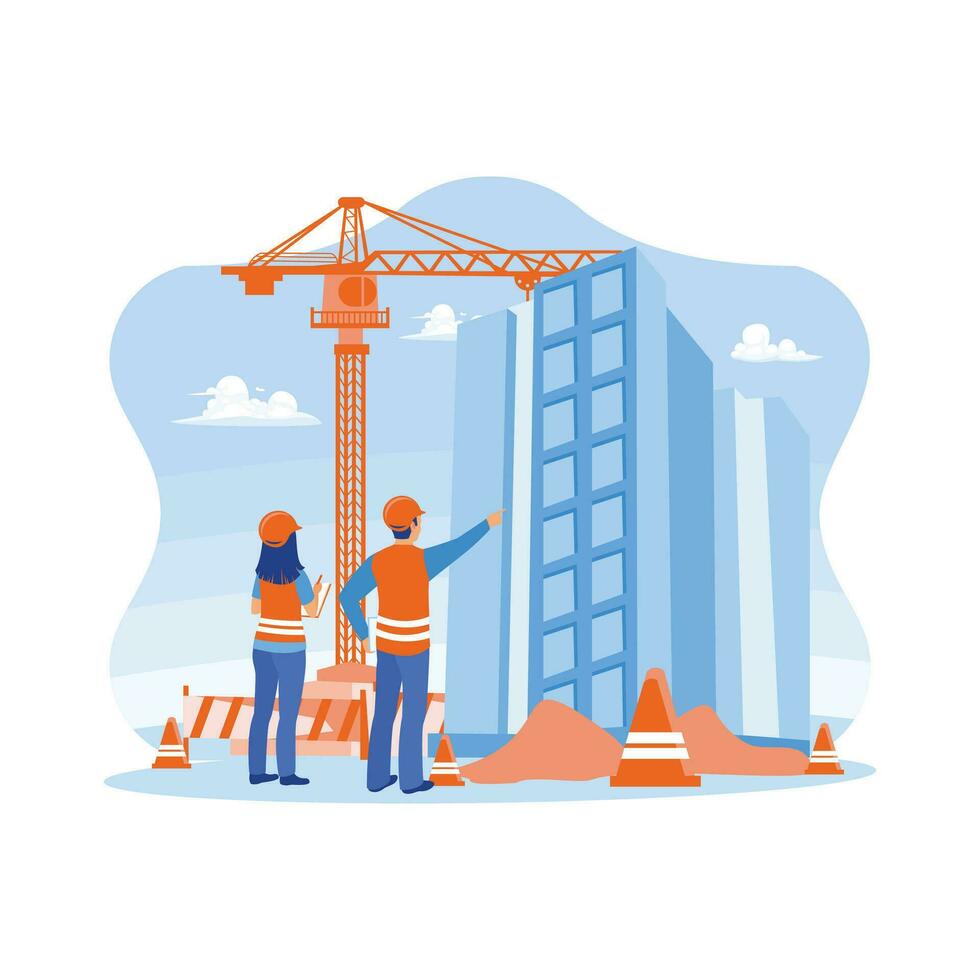 discussão do construção engenheiros e arquitetos em construção sites. verificação trabalhos em multi andar construção construção projetos. arquiteto e engenheiro construção conceito. vetor