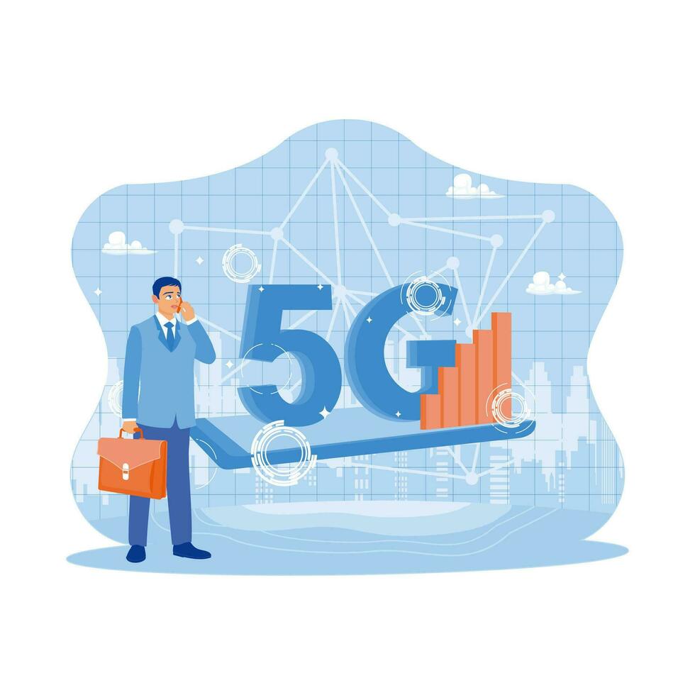 homem de negocios em borrado fundo usando 5g rede com Móvel telefone 3d Renderização. homem de negocios em pé e fazer uma ligar com uma cliente. telecomunicação e Internet dentro inteligente cidade conceito. vetor