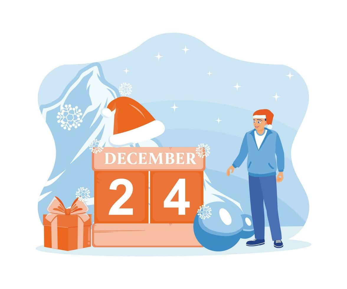 uma homem vestindo uma santa chapéu carrinhos contra uma Alto falésias pano de fundo. Eu aguardam Natal véspera em dezembro 24 com presentes e Natal bolas. Natal véspera conceito. tendência moderno vetor plano ilustração