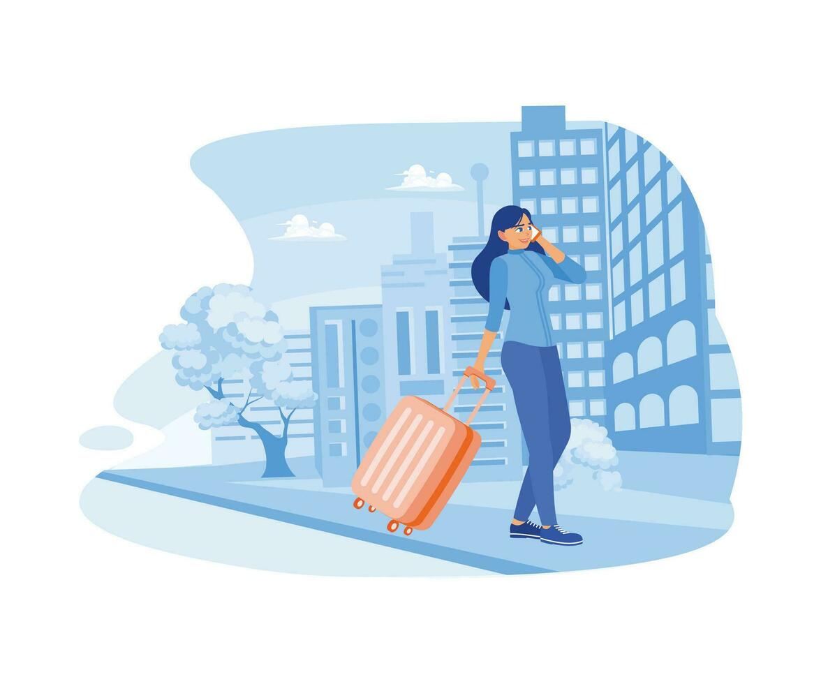 pronto para uma o negócio viagem. uma empresária caminhando ao longo uma cidade rua é segurando uma mala de viagem e fazer uma ligar com dela célula telefone. feliz, calma, pacífico menina voluntário conceito. vetor