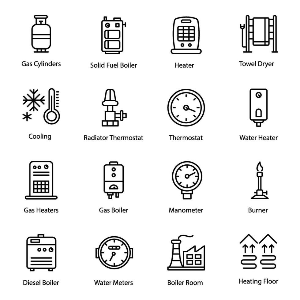 industrial aquecedores e termostato linha vetor ícones